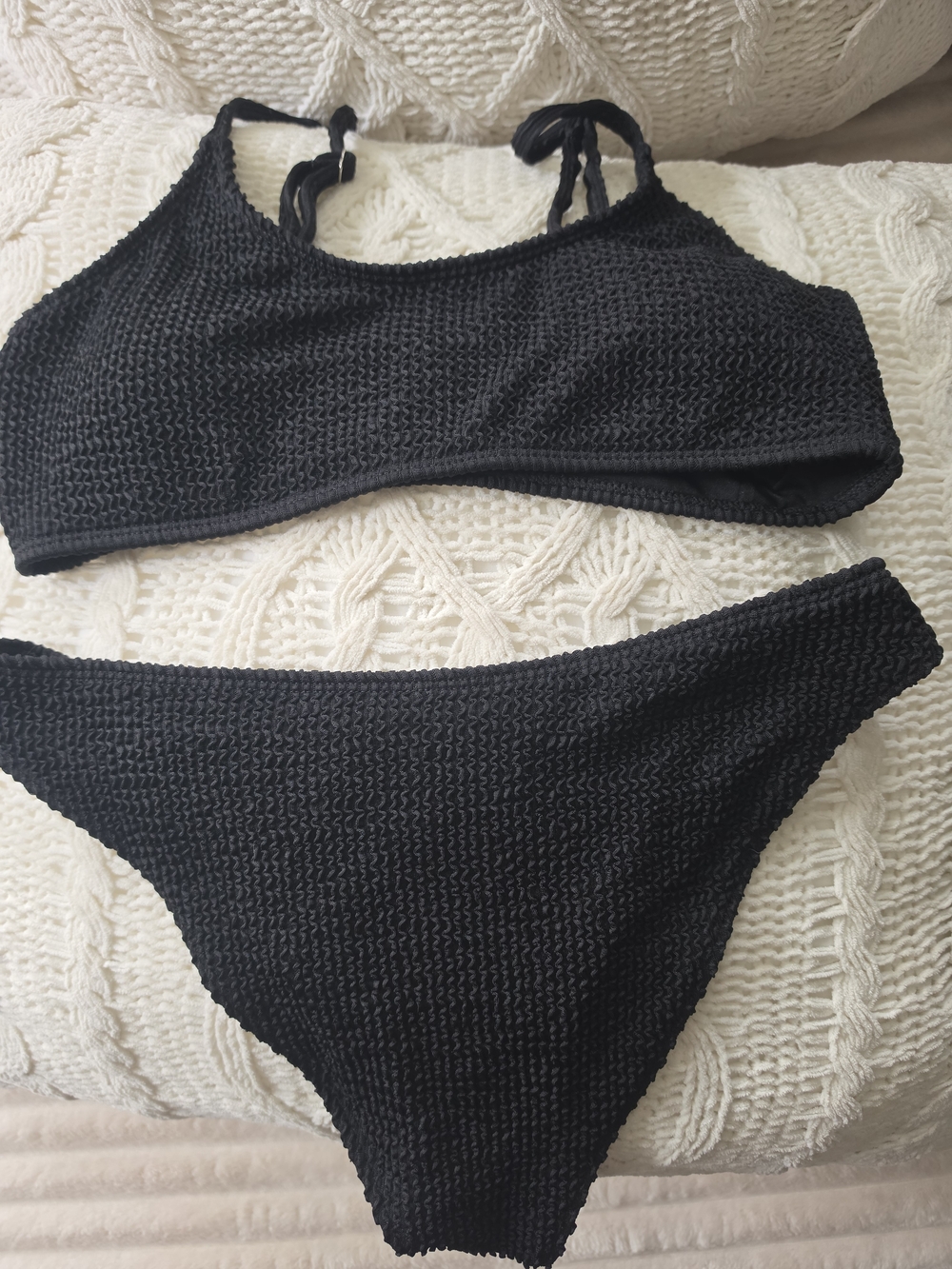 Black Textured Simple Bikini Set